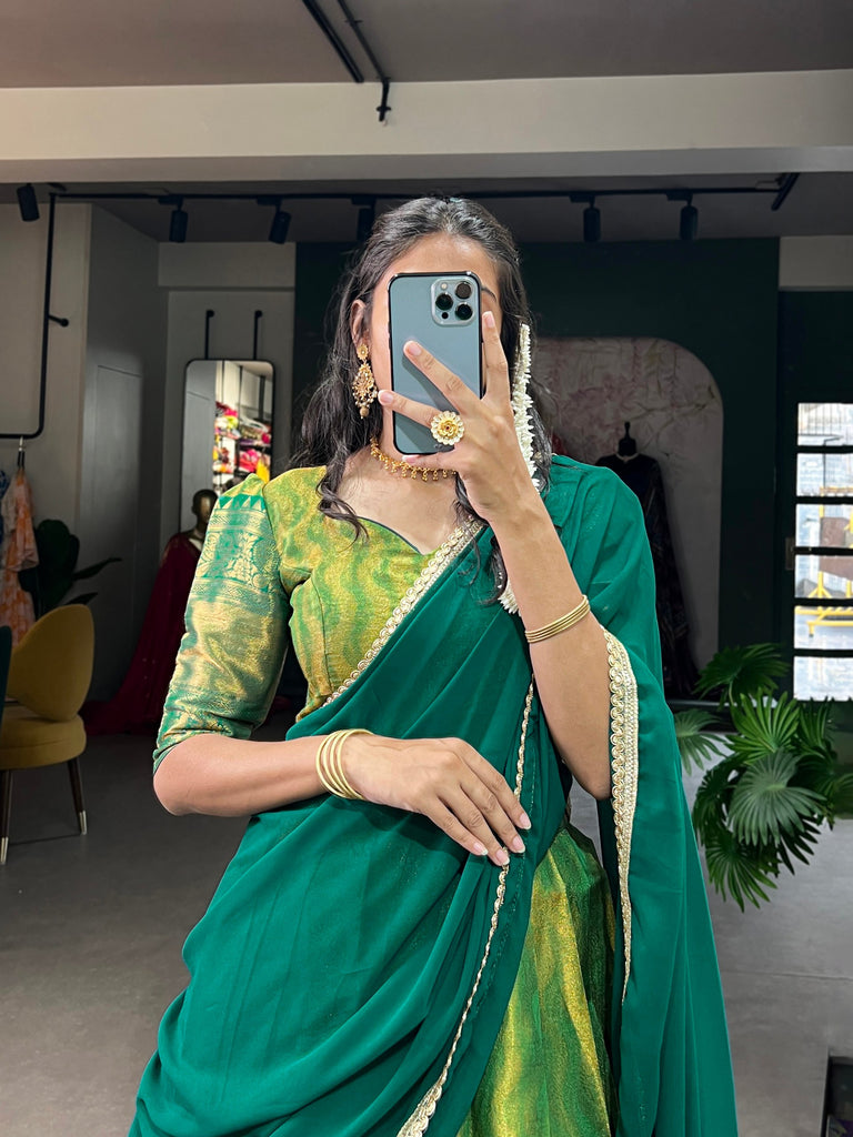 Parrot Green Kanjivaram Lehenga Choli with Graceful Georgette Dupatta ClothsVilla