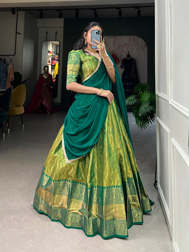 Parrot Green Kanjivaram Lehenga Choli with Graceful Georgette Dupatta ClothsVilla