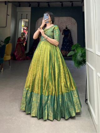 Luxurious Parrot Green Kanjivaram Silk Gown with Zari Work ClothsVilla