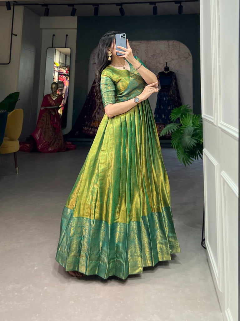 Luxurious Parrot Green Kanjivaram Silk Gown with Zari Work ClothsVilla