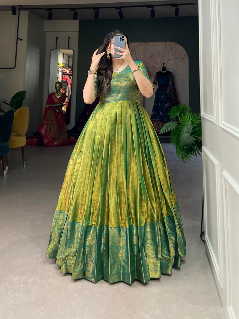 Luxurious Parrot Green Kanjivaram Silk Gown with Zari Work ClothsVilla