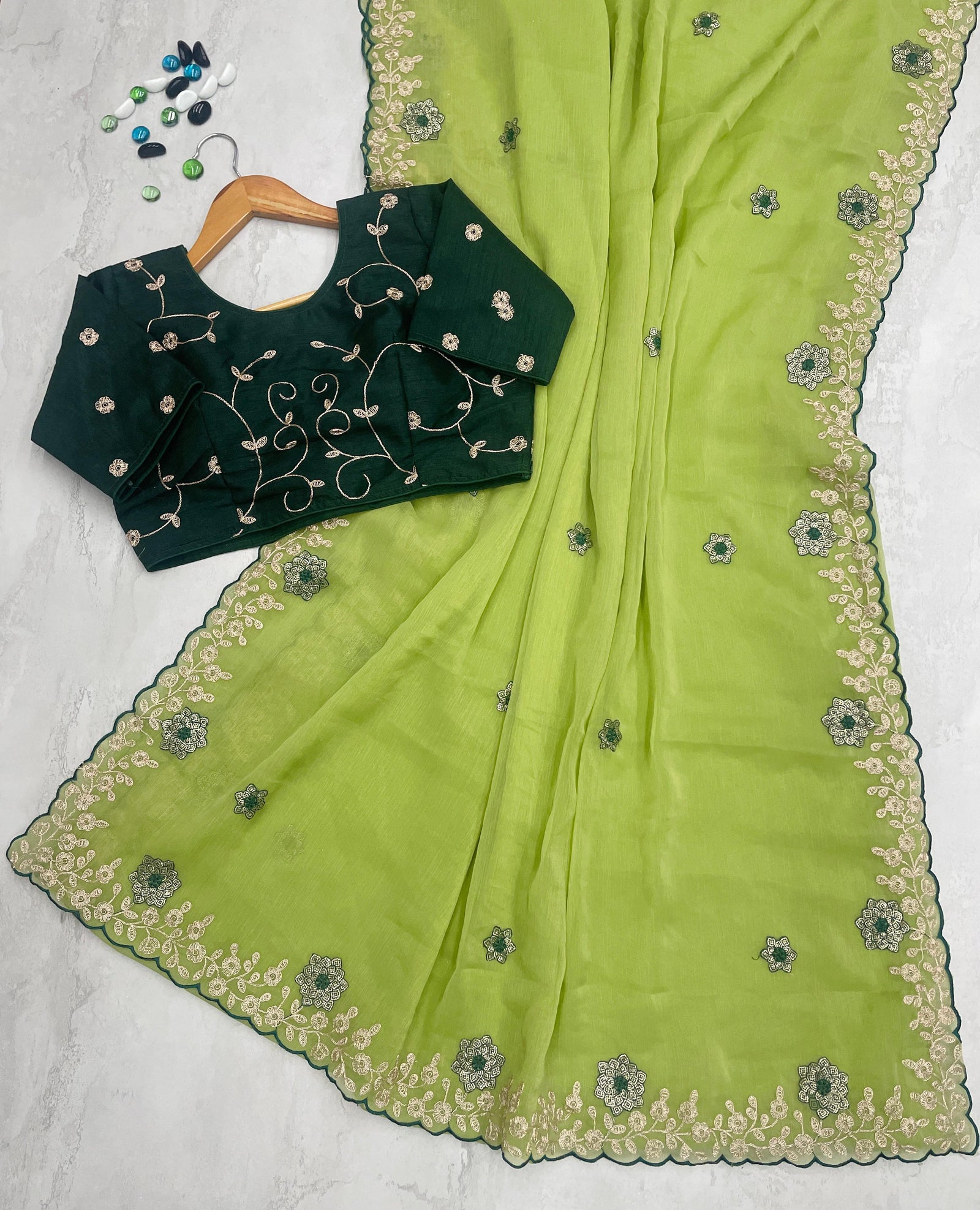 Parrot Green Kasoli Silk Saree with Beautiful Embroidery and Contrast Thread Work ClothsVilla