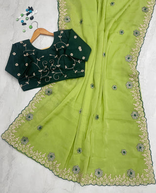 Parrot Green Kasoli Silk Saree with Beautiful Embroidery and Contrast Thread Work ClothsVilla