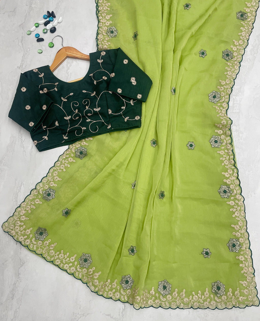 Parrot Green Kasoli Silk Saree with Beautiful Embroidery and Contrast Thread Work ClothsVilla