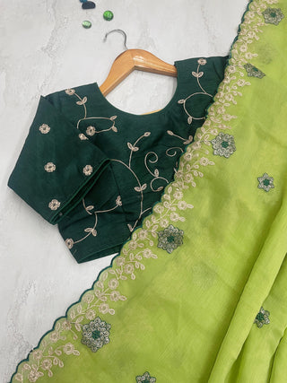Parrot Green Kasoli Silk Saree with Beautiful Embroidery and Contrast Thread Work ClothsVilla