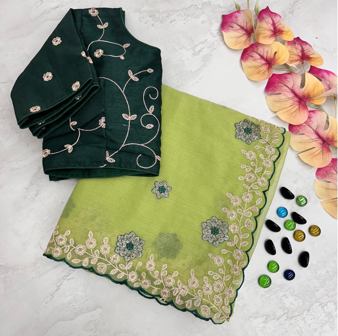 Parrot Green Kasoli Silk Saree with Beautiful Embroidery and Contrast Thread Work ClothsVilla