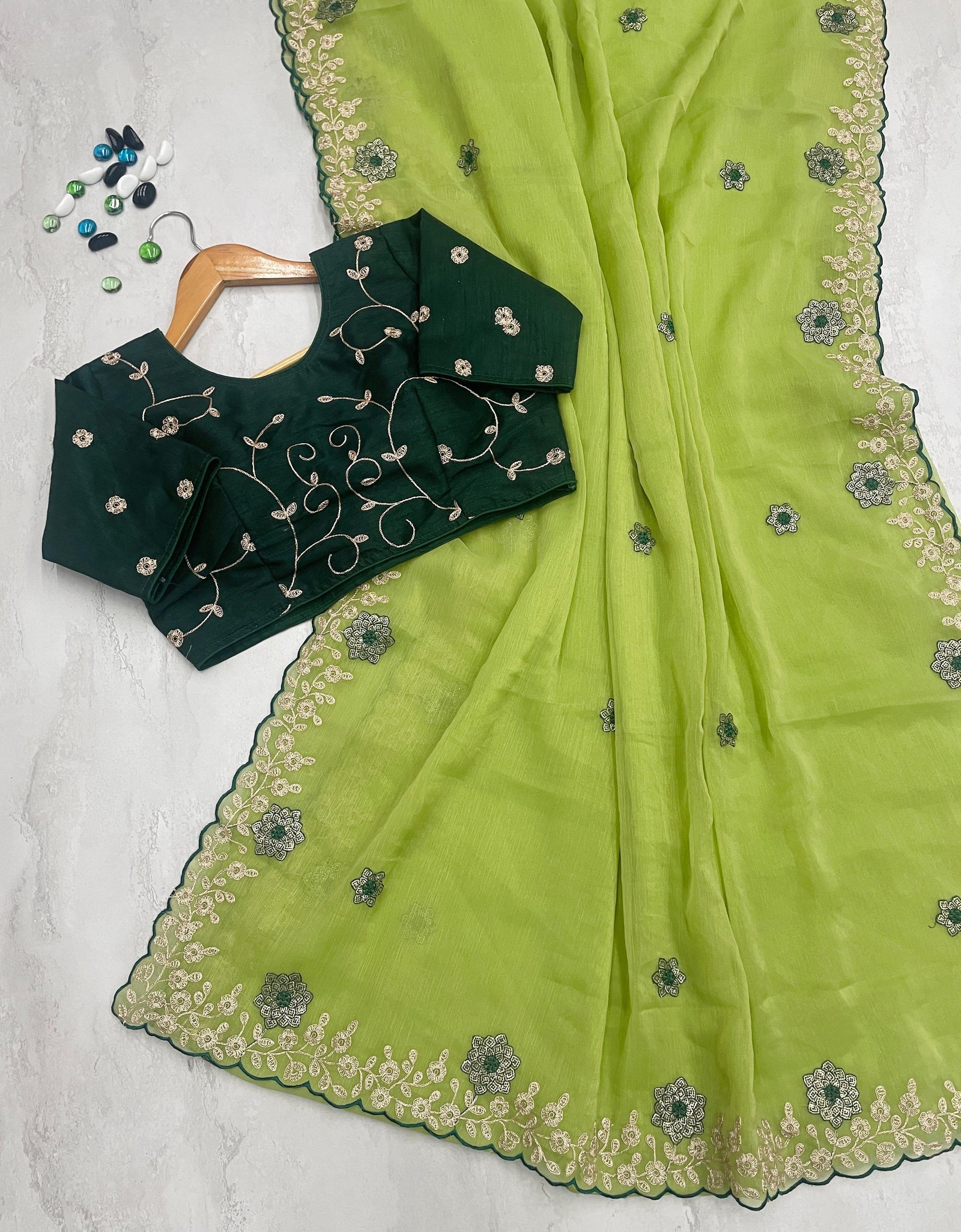 Parrot Green Kasoli Silk Saree with Beautiful Embroidery and Contrast Thread Work ClothsVilla