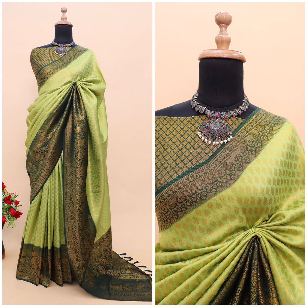 Parrot Green Kuber Soft Silk Saree with Exquisite Golden Jari Work & Matching Blouse ClothsVilla