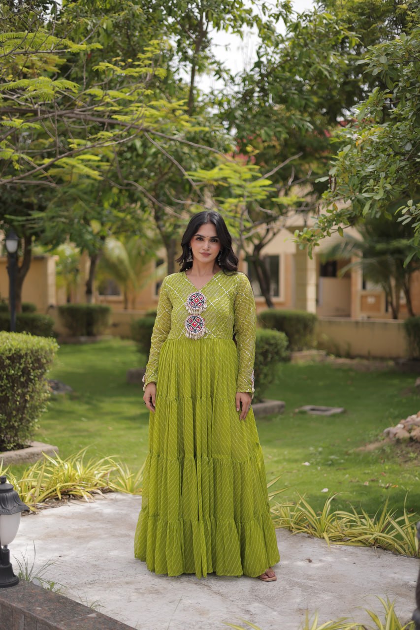 Parrot Green Laheriya Print Gown ClothsVilla