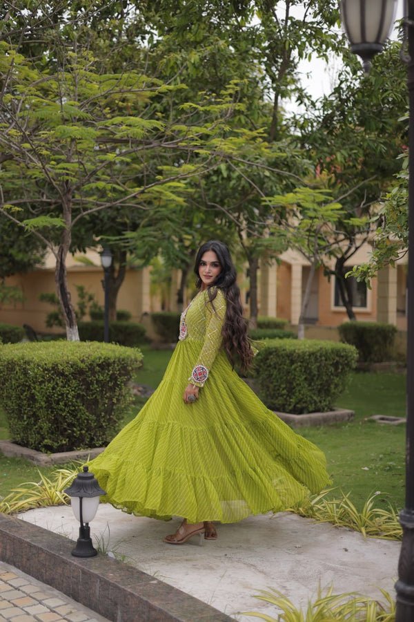 Parrot Green Laheriya Print Gown ClothsVilla