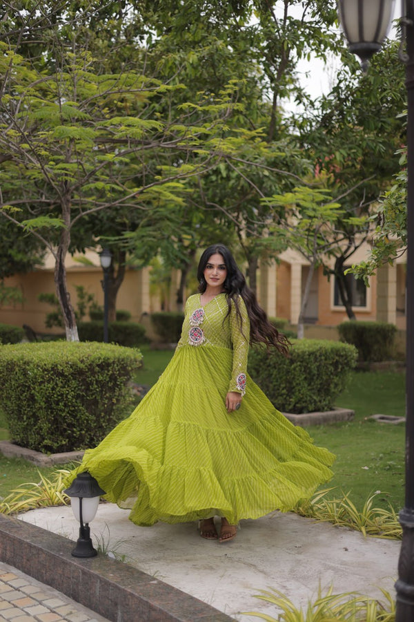 Parrot Green Laheriya Print Gown ClothsVilla