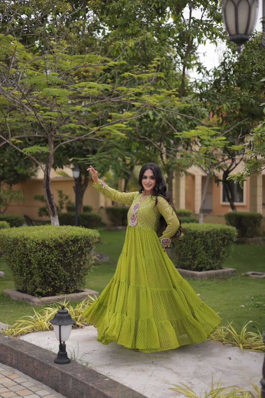 Parrot Green Laheriya Print Gown ClothsVilla