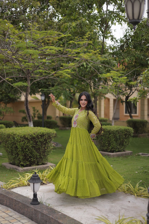 Parrot Green Laheriya Print Gown ClothsVilla