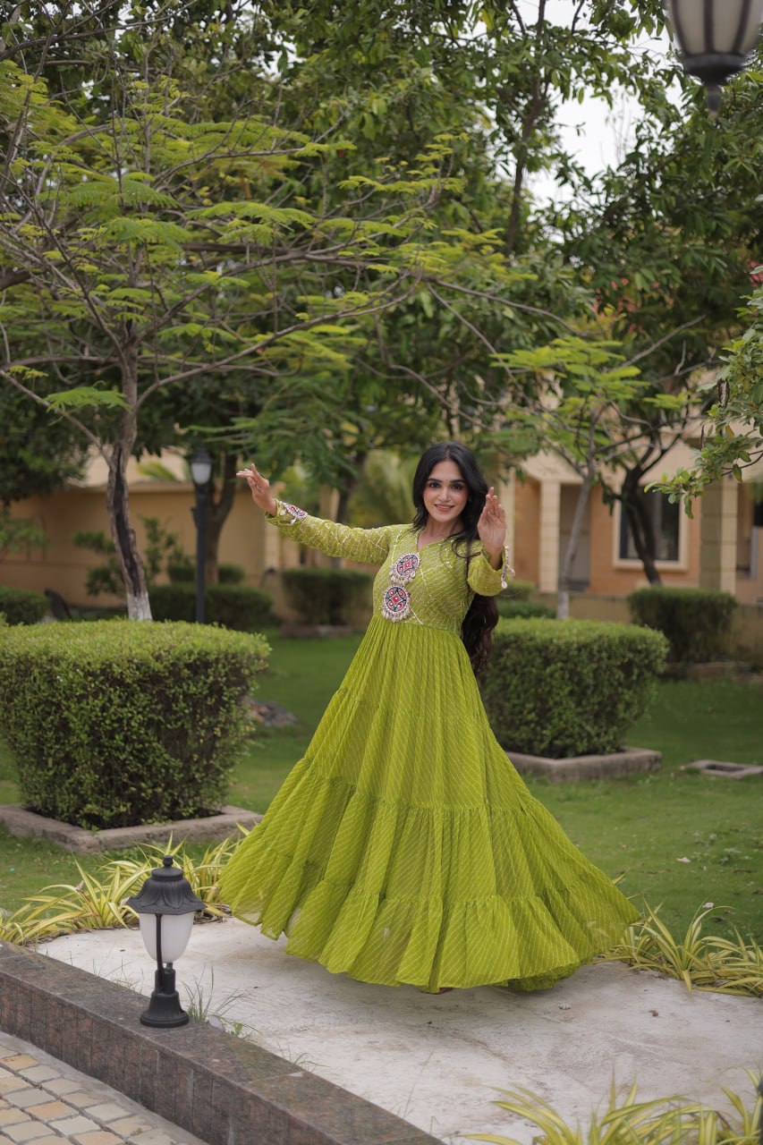 Parrot Green Laheriya Print Gown ClothsVilla