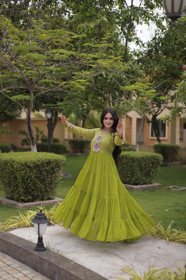 Parrot Green Laheriya Print Gown ClothsVilla