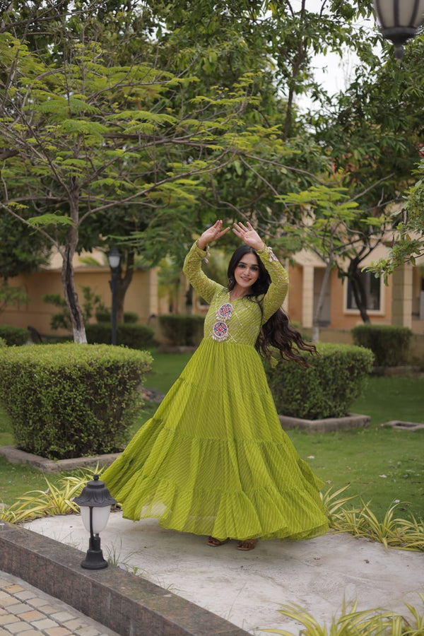 Parrot Green Laheriya Print Gown ClothsVilla