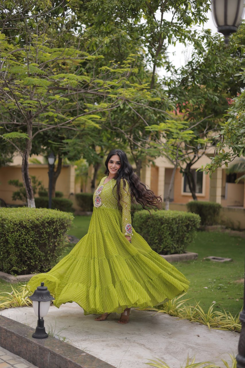 Parrot Green Laheriya Print Gown ClothsVilla