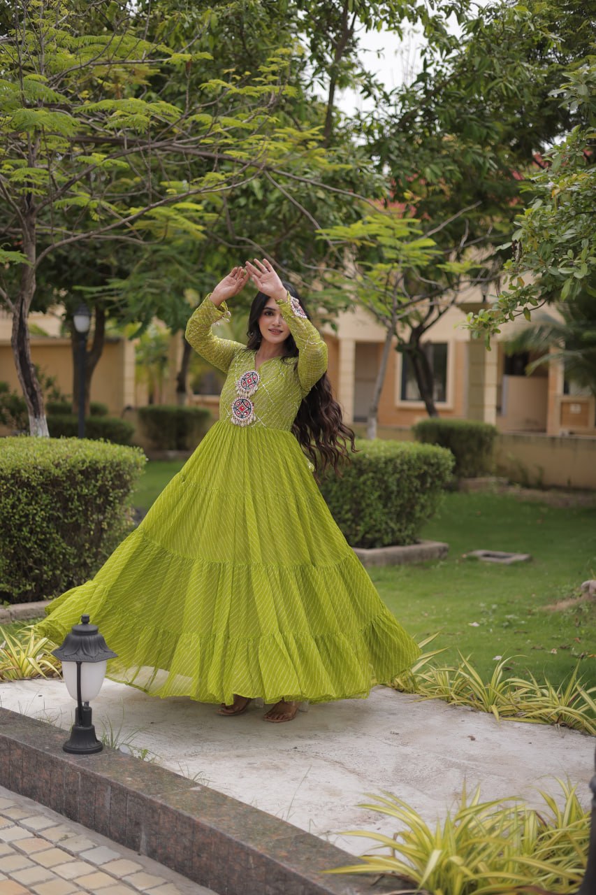 Parrot Green Laheriya Print Gown ClothsVilla
