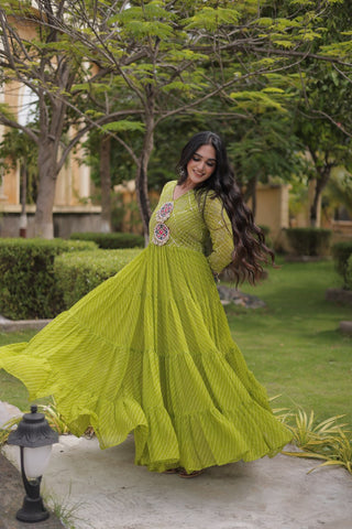 Parrot Green Laheriya Print Gown ClothsVilla