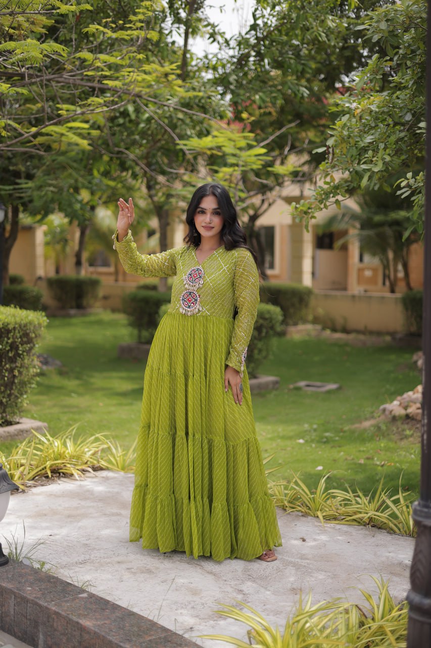 Parrot Green Laheriya Print Gown ClothsVilla