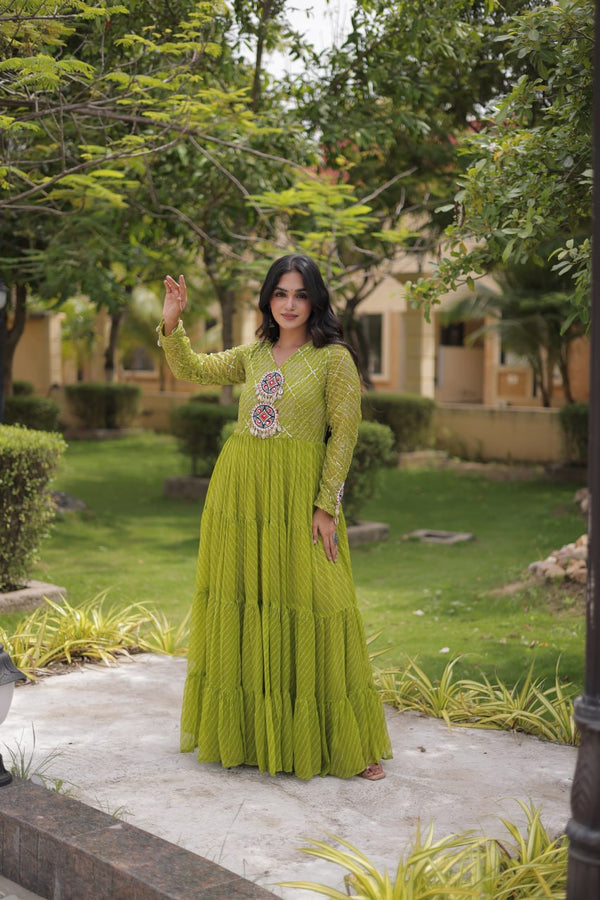 Parrot Green Laheriya Print Gown ClothsVilla