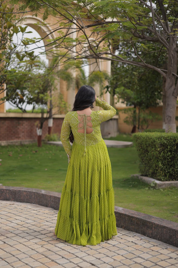 Parrot Green Laheriya Print Gown ClothsVilla