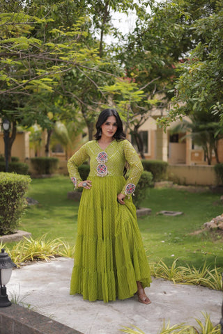 Parrot Green Laheriya Print Gown ClothsVilla
