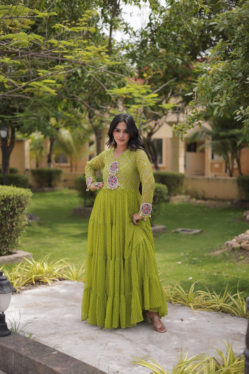 Parrot Green Laheriya Print Gown ClothsVilla