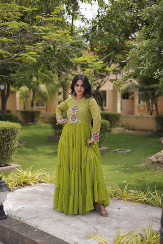 Parrot Green Laheriya Print Gown ClothsVilla