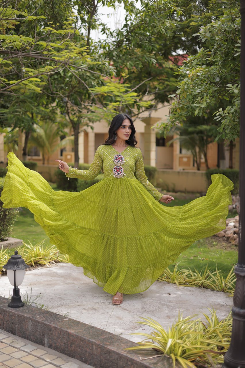 Parrot Green Laheriya Print Gown ClothsVilla