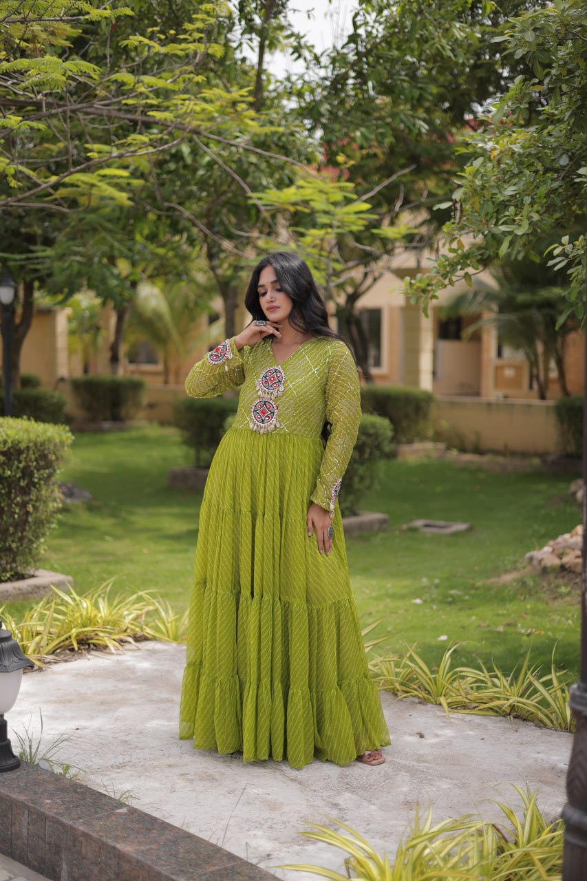 Parrot Green Laheriya Print Gown ClothsVilla