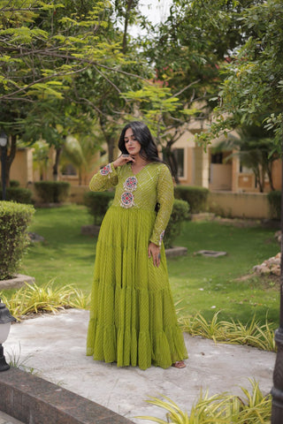 Parrot Green Laheriya Print Gown ClothsVilla