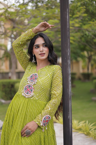 Parrot Green Laheriya Print Gown ClothsVilla