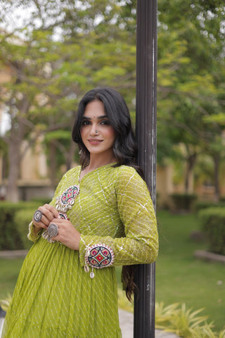 Parrot Green Laheriya Print Gown ClothsVilla