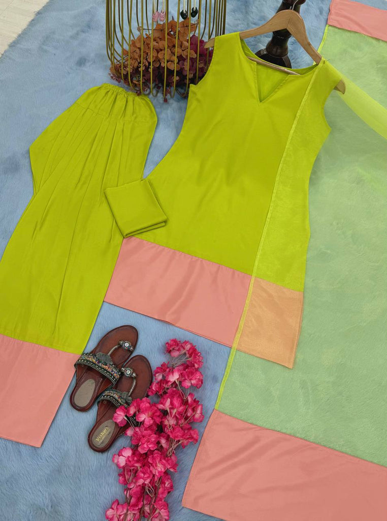 Parrot Green Natural Crap Silk Tassel Suit Set with Farshi Plazzo & Organza Silk Dupatta ClothsVilla