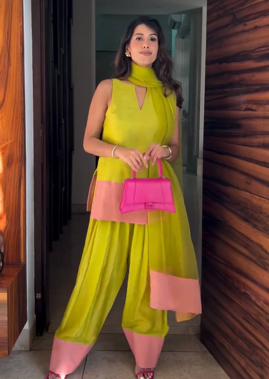 Parrot Green Natural Crap Silk Tassel Suit Set with Farshi Plazzo & Organza Silk Dupatta ClothsVilla