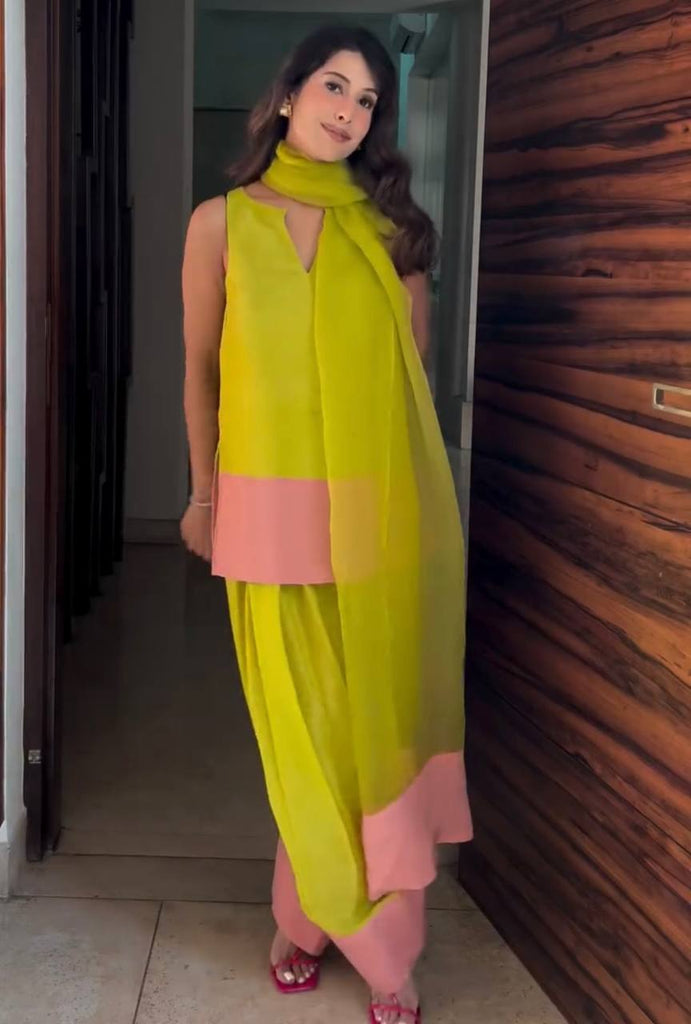 Parrot Green Natural Crap Silk Tassel Suit Set with Farshi Plazzo & Organza Silk Dupatta ClothsVilla