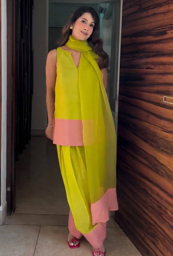 Parrot Green Natural Crap Silk Tassel Suit Set with Farshi Plazzo & Organza Silk Dupatta ClothsVilla