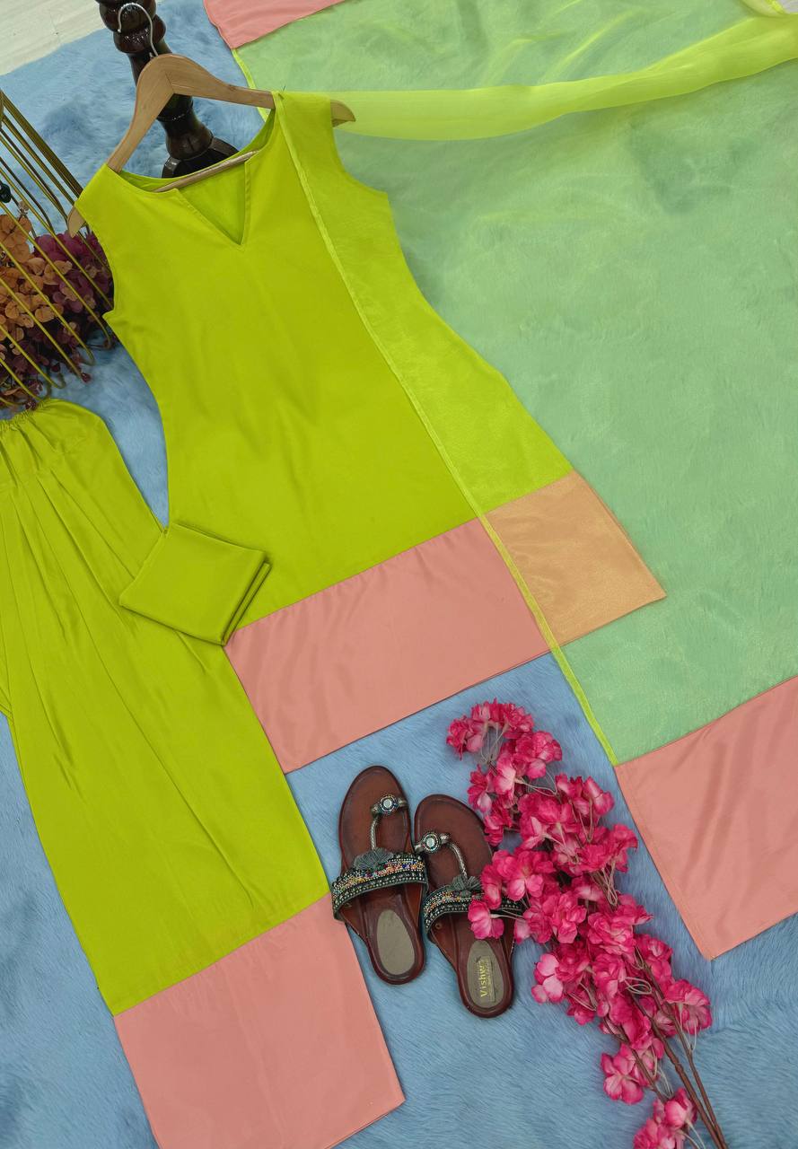 Parrot Green Natural Crap Silk Tassel Suit Set with Farshi Plazzo & Organza Silk Dupatta ClothsVilla