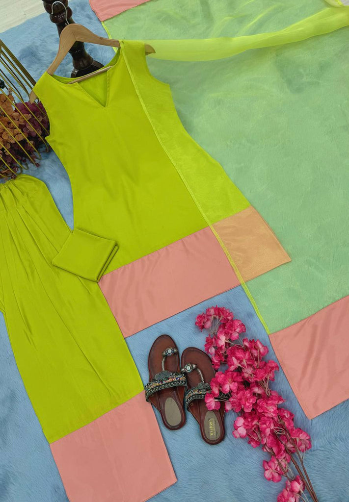 Parrot Green Natural Crap Silk Tassel Suit Set with Farshi Plazzo & Organza Silk Dupatta ClothsVilla