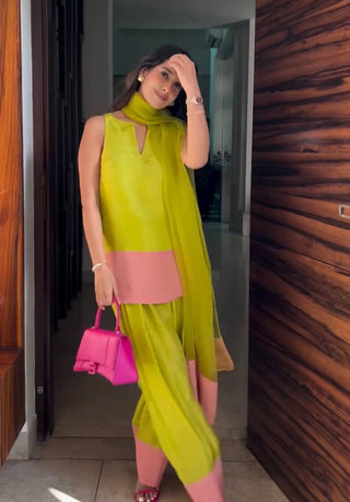 Parrot Green Natural Crap Silk Tassel Suit Set with Farshi Plazzo & Organza Silk Dupatta ClothsVilla