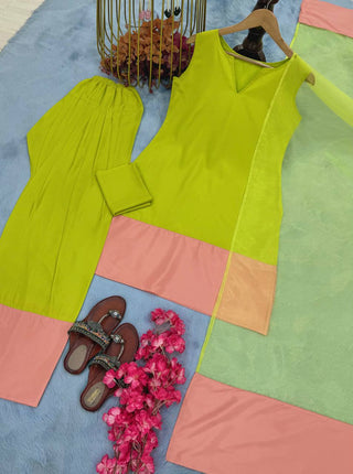 Parrot Green Natural Crap Silk Tassel Suit Set with Farshi Plazzo & Organza Silk Dupatta ClothsVilla