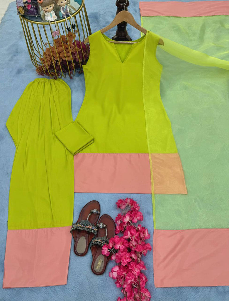 Parrot Green Natural Crap Silk Tassel Suit Set with Farshi Plazzo & Organza Silk Dupatta ClothsVilla