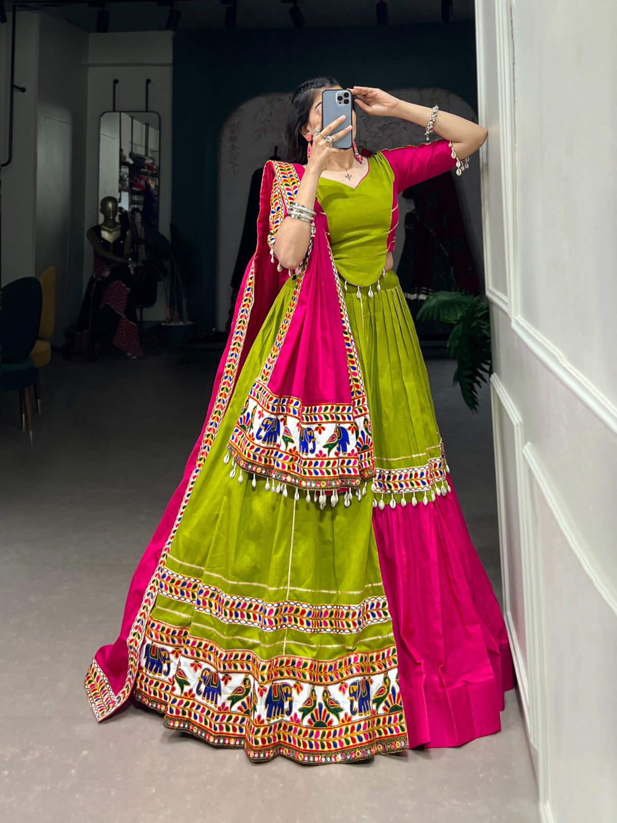 Parrot Green Navratri Lehenga Set with Gamthi Work and Cowrie Lace ClothsVilla Main image