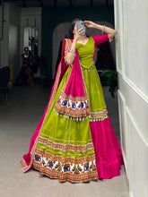 Load image into Gallery viewer, Parrot Green Navratri Lehenga Set with Gamthi Work and Cowrie Lace ClothsVilla