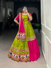 Load image into Gallery viewer, Parrot Green Navratri Lehenga Set with Gamthi Work and Cowrie Lace ClothsVilla