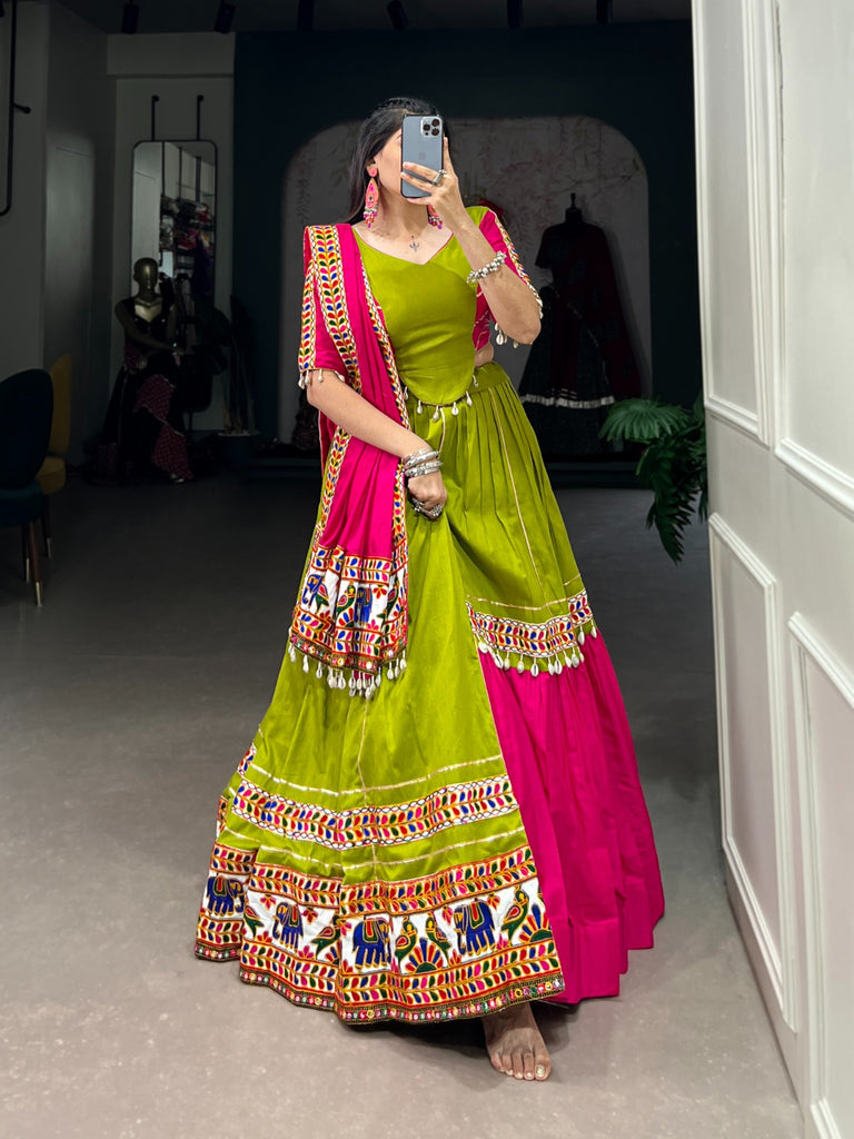 Parrot Green Navratri Lehenga Set with Gamthi Work and Cowrie Lace ClothsVilla