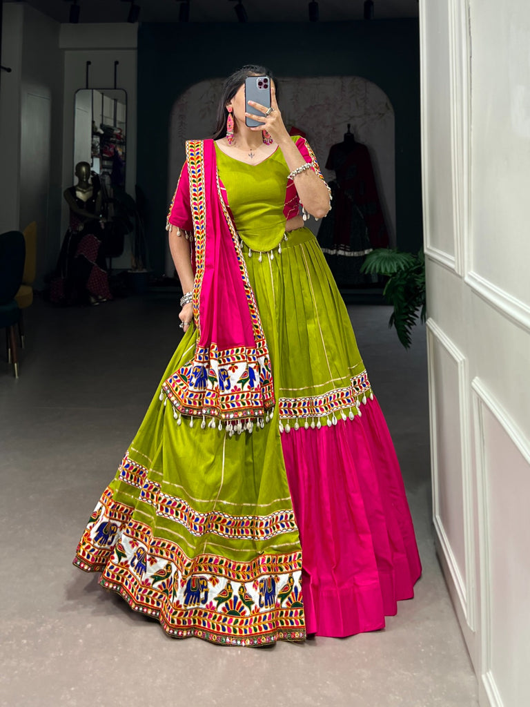 Parrot Green Navratri Lehenga Set with Gamthi Work and Cowrie Lace ClothsVilla