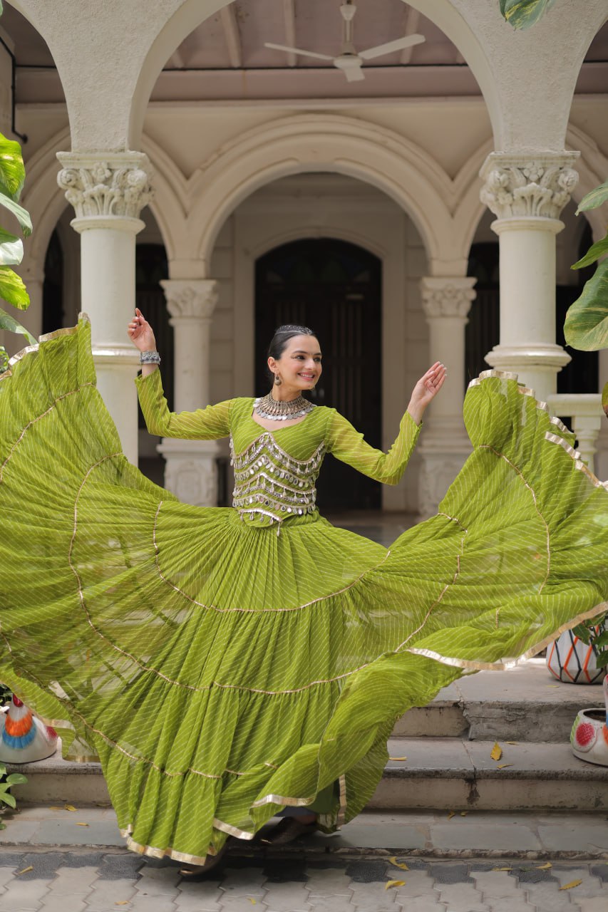 Parrot Green Navratri Special Leheriya Print Lehenga Choli with 12 Mtr Flair & Mirror Lace Work ClothsVilla
