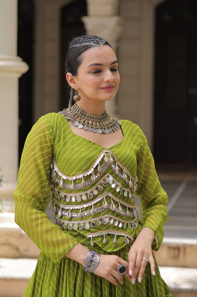 Parrot Green Navratri Special Leheriya Print Lehenga Choli with 12 Mtr Flair & Mirror Lace Work ClothsVilla